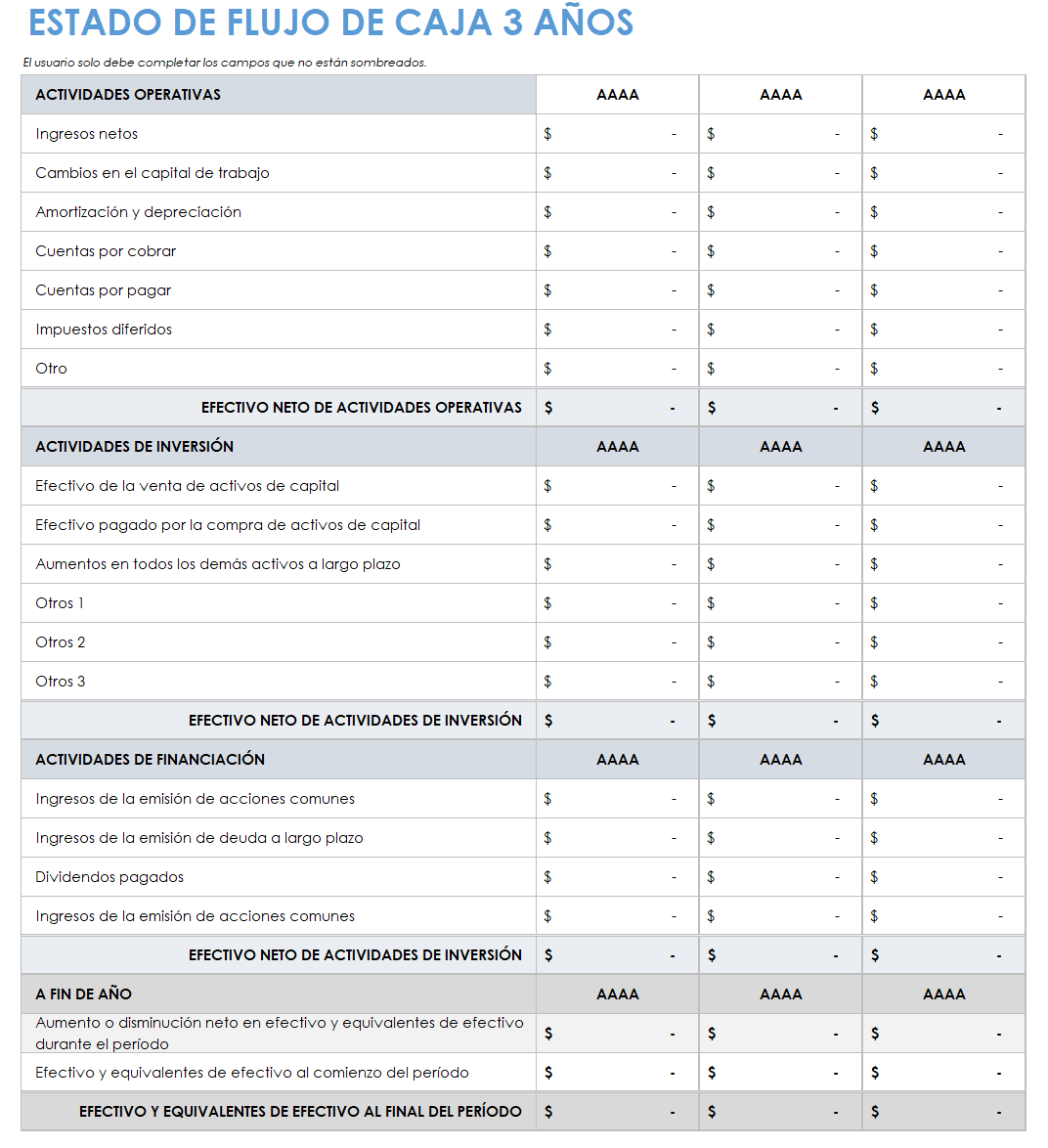 estado de flujo de caja de 3 años