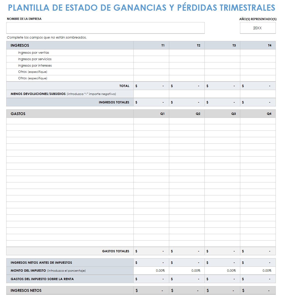 Estado de pérdidas y ganancias trimestral