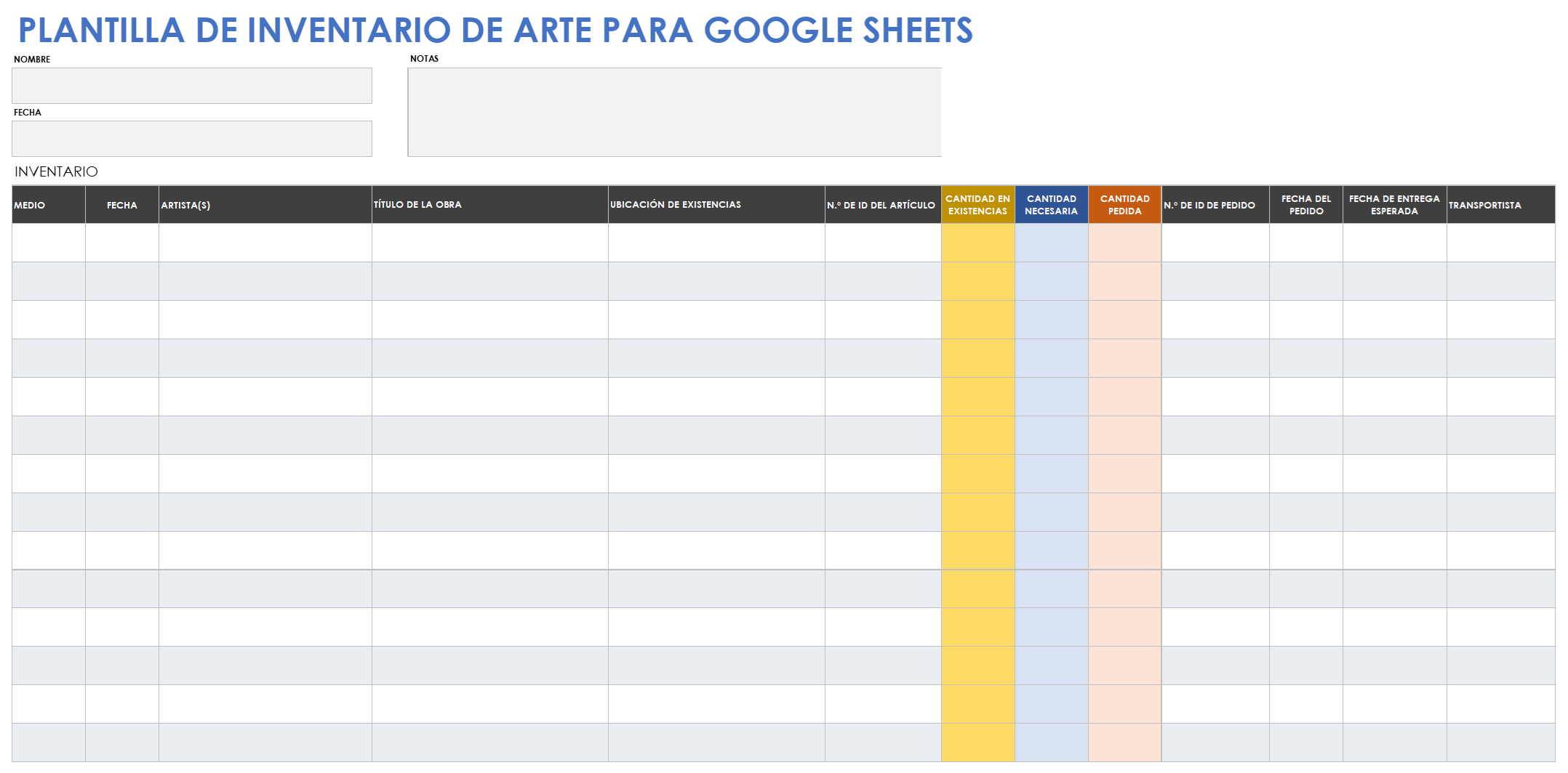  Plantilla de inventario de arte de Google Sheets