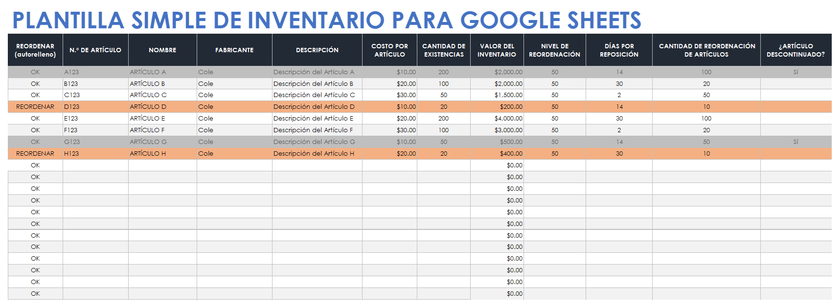  Plantilla de inventario de hojas de cálculo de Google simple