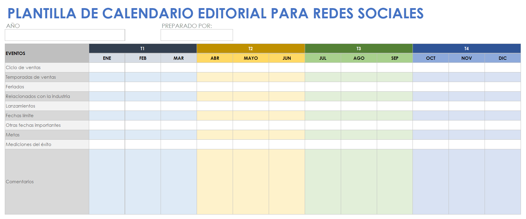 Plantilla de calendario editorial de redes sociales