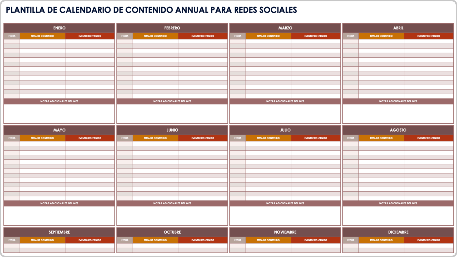 Plantilla de calendario anual de contenido para redes sociales