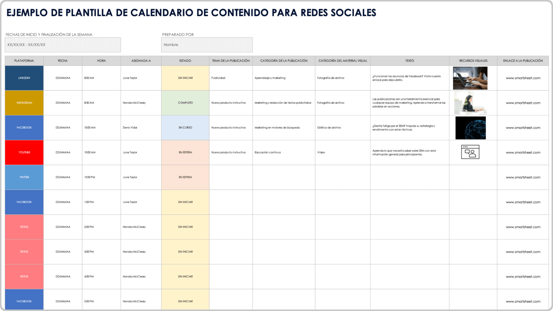 Ejemplo de plantilla de calendario de contenido de redes sociales