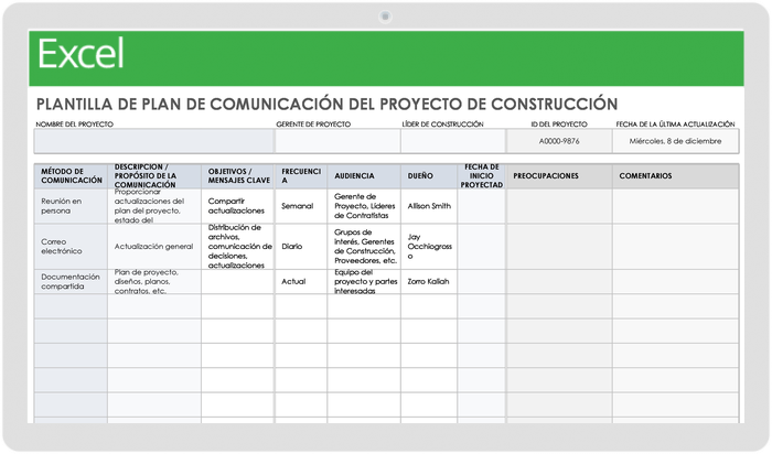 Plantilla de plan de comunicación de proyecto de construcción