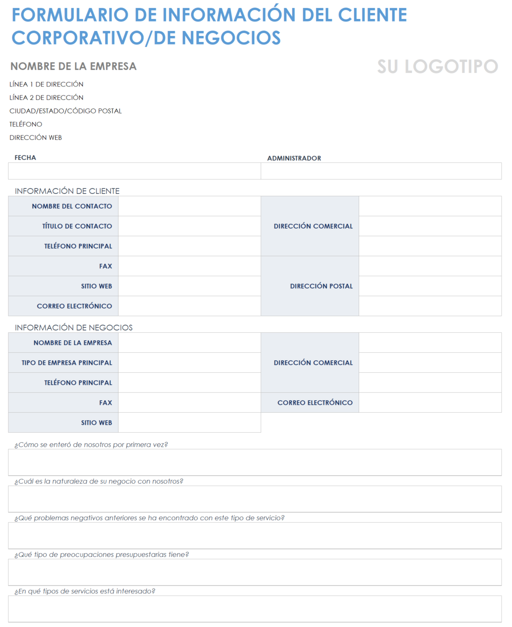 Ficha de información del cliente de negocio corporativo