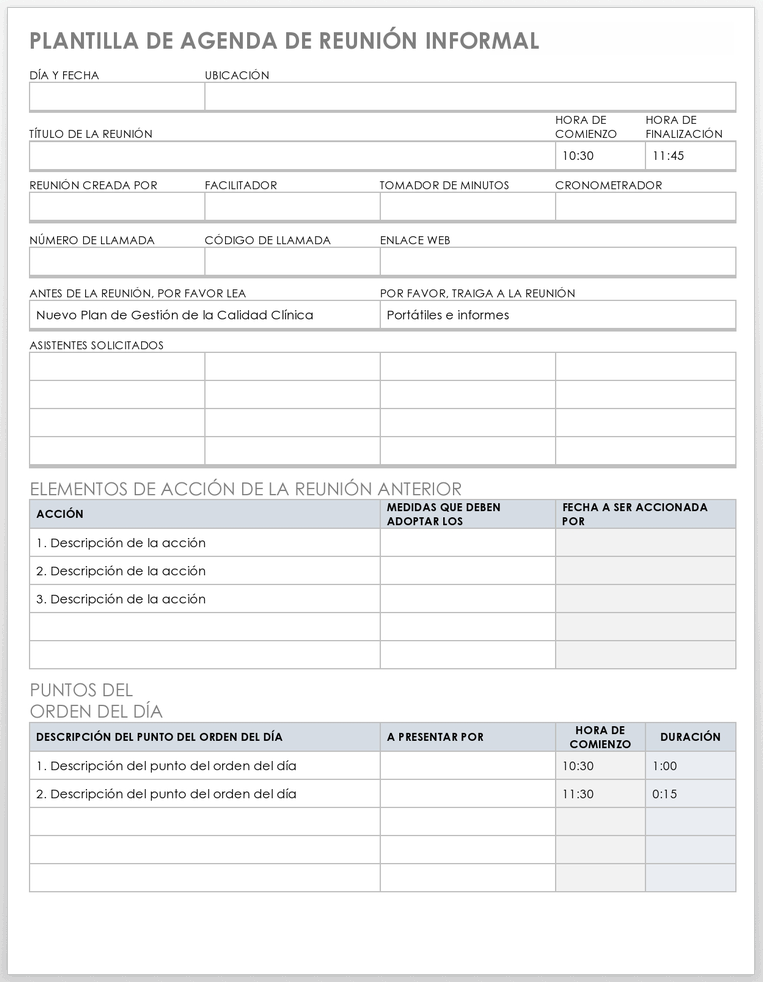 Plantilla de agenda de reunión informal