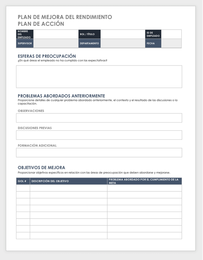 Performance Improvement Plan Action Plan Template - Spanish