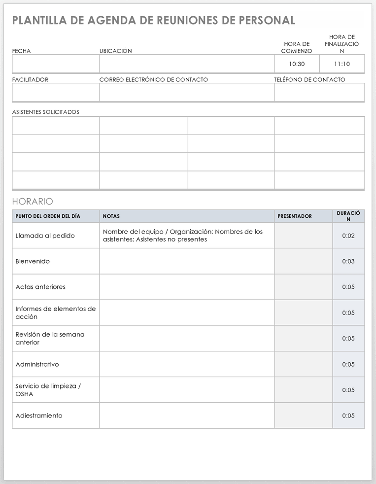  Plantilla de agenda de reuniones de personal